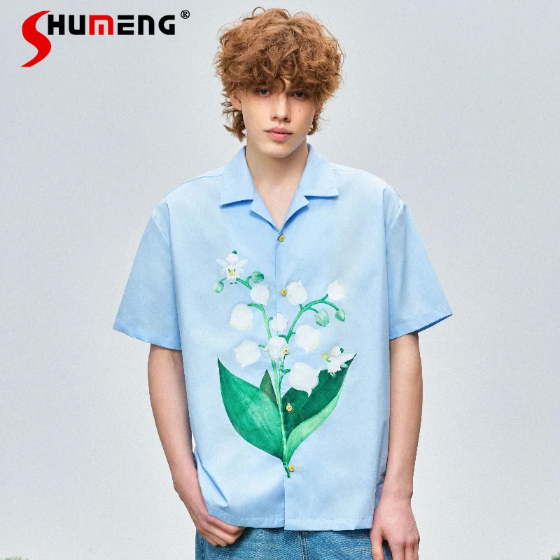 

Male 2026 Spring New Fashion Floral Hand-painted Print Shirts Stylish Short Sleeve Color Matching Shirts Trendy Lapel Loose Tops