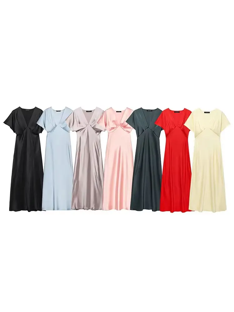 Elegancka letnia sukienka midi z satyny o jedwabnym wykończeniu dla kobiet, krótkie rękawy, dekolt w serek, gładka, plisowana, wiosenna, modna, dopasowana sukienka.