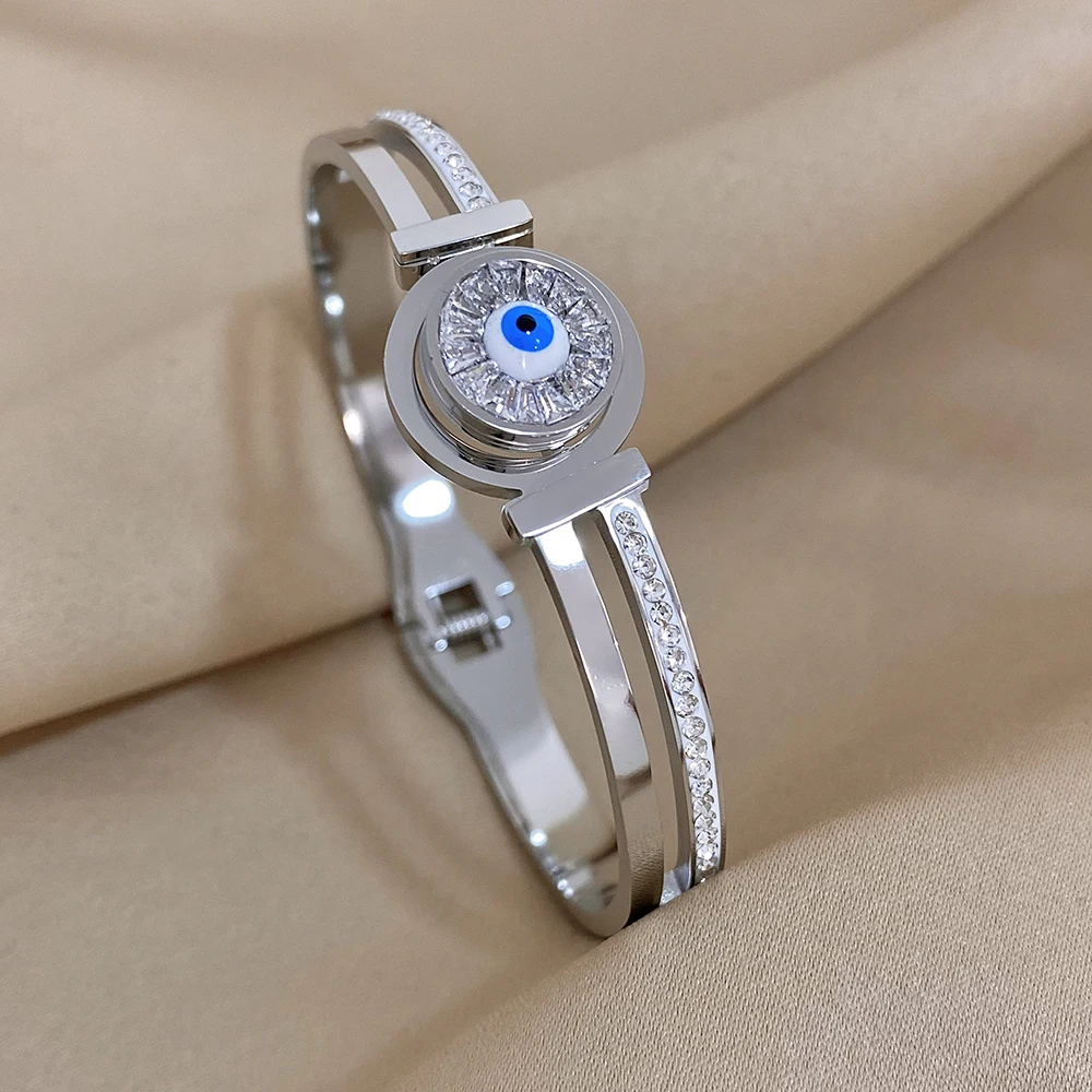 Evil Eye Stainless Steel Charm Bracelet, Rhinestone