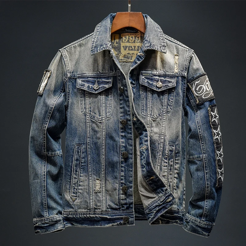 

Fashion American Paste Cloth Embroidery Denim Coat Men's Nostalgic Retro Lapels Street Slim-Fitting Biker Jacket