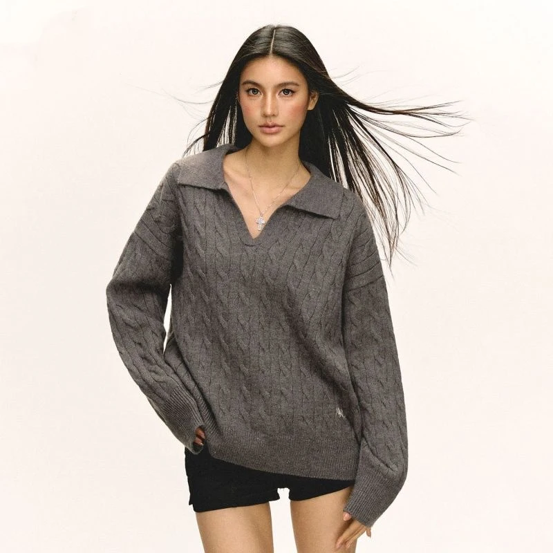 

Шерстяной свитер с v-образным вырезом, осень-зима 2025 г., вязаный пуловер большого размера, ленивый шикарный топ с длинными рукавами для женщин