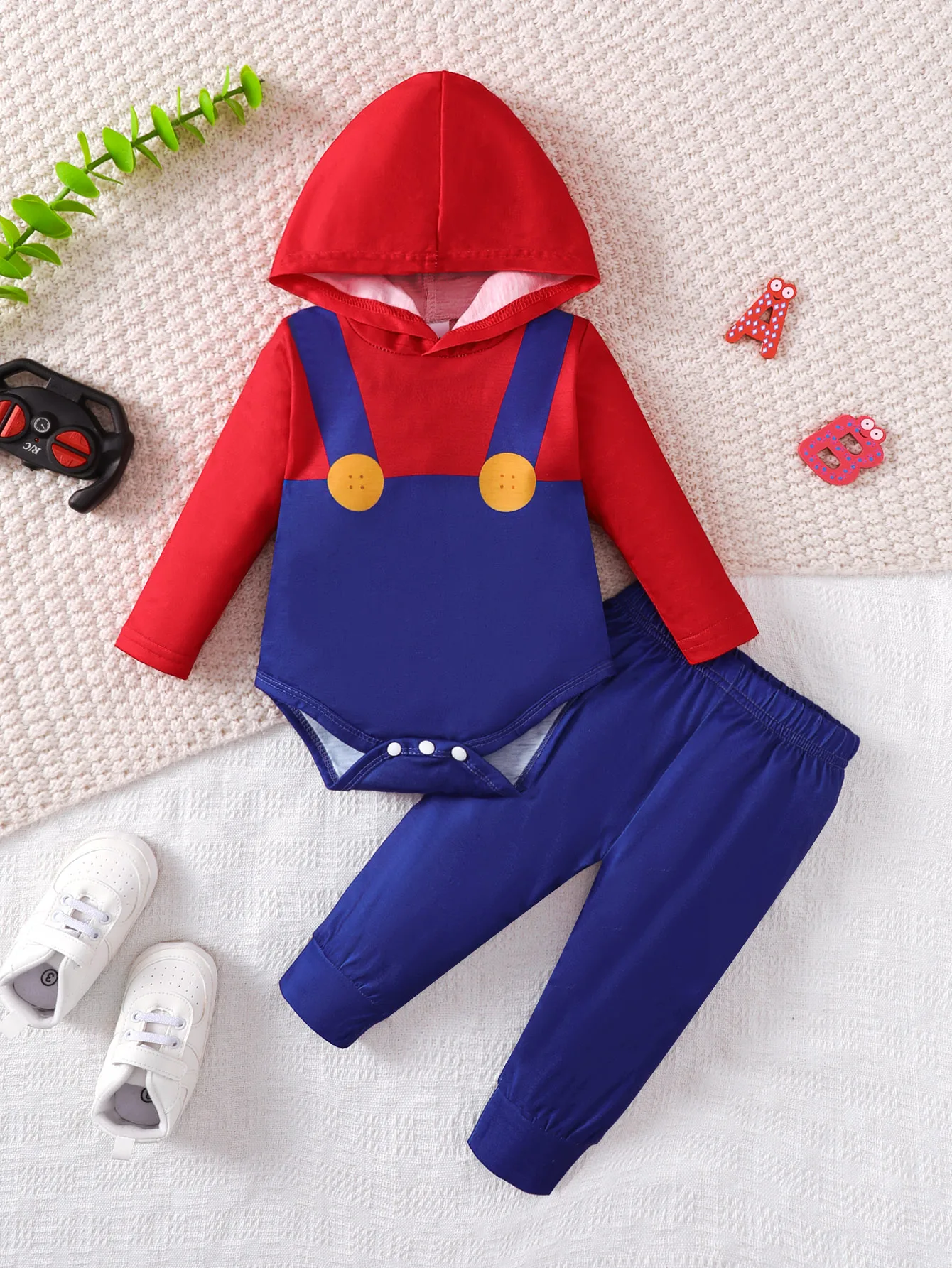 2PCS Infant Boy Clothing Set Hooded Long Sleeved Color Blocked Bodysuit+Pants Autumn Fashion Outfits for 1-18 Months Toddler Boy