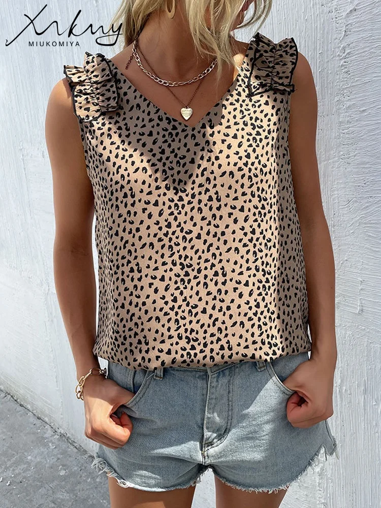 MiuKoMiYa Summer Leopard Chiffon Blouse Women Tops Sleeveless V Neck Office Tank Blouses Ladies 2023 Khaki Leopard Blouse Woman