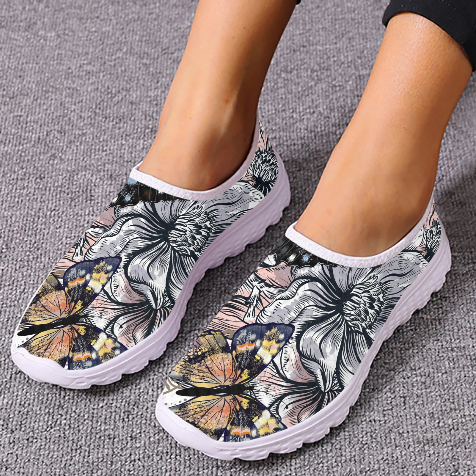 INSTANTARTS Boho Butterfly Loafers For Women Monarch Butterfly Comfortable Breathable Slip On Shoes Boho Flower Mesh Shoes Flats