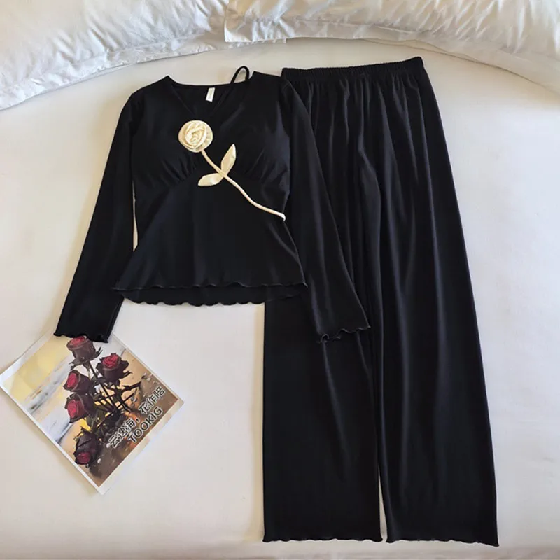 

Pyjamas Women Winter Long Sleeve Chest Pad Top Two Piece Set Spring Autumn Cotton Sleepwear Woman Home Clothes Lounge Suit