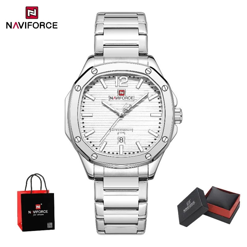 

Top Brand NAVIFORCE Sport Casual Men's Watch Quartz Watch Steel Band Wrist Watches Silver Elegant Man Polygon Dial Package Gifts
