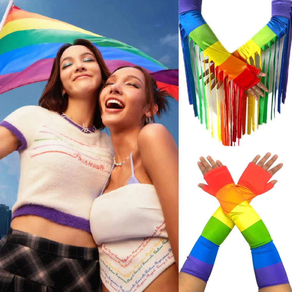 Weiche Stretch Regenbogen Lange Handschuhe Mode Kostüm Regenbogen Quaste Handschuhe Parade Fransen Bunte Fäustlinge Party