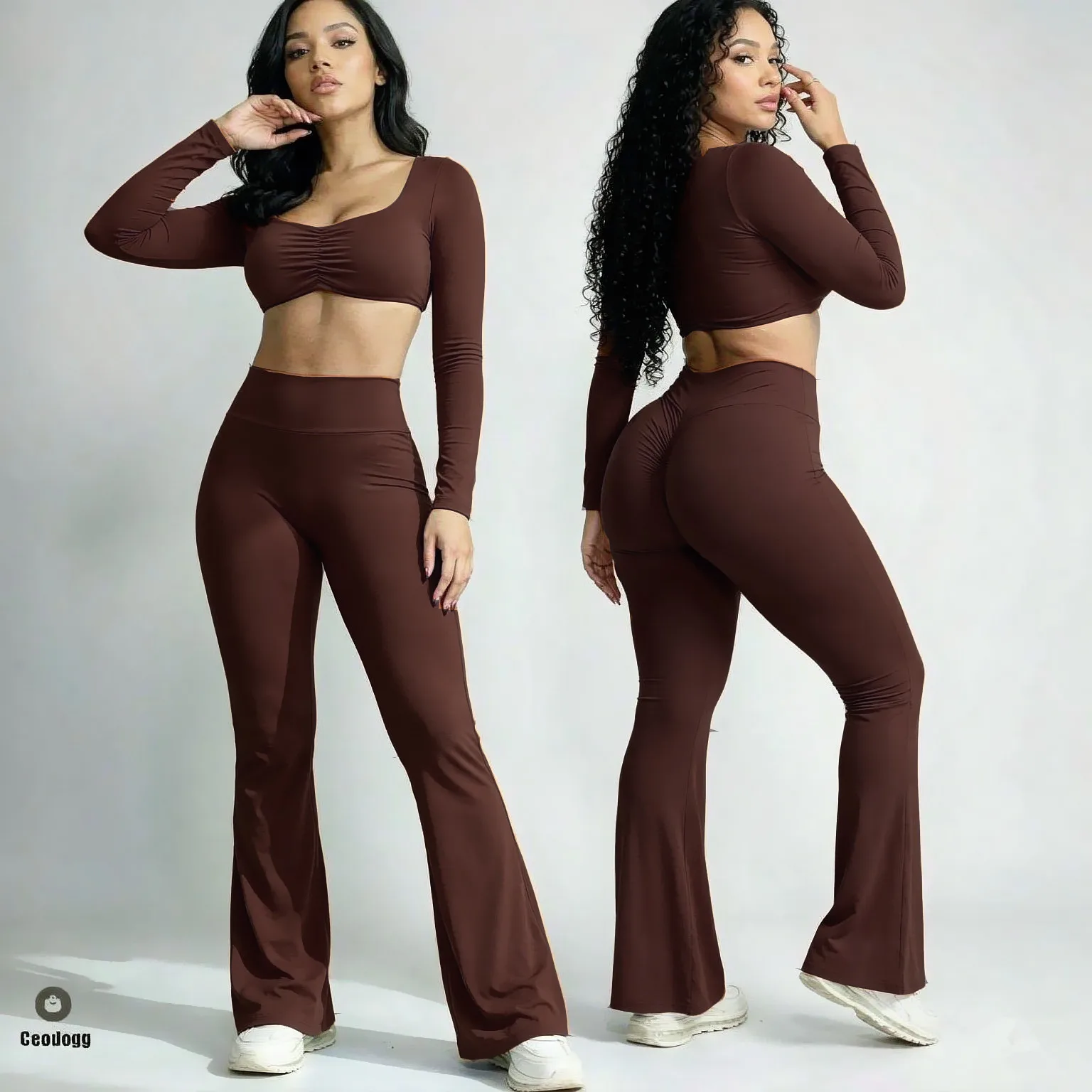2Pcs Pad Long Sleeve Crop Tops Yoga Set Women Gym Sport Wide Leg Flare Scrunch Pant Workout Fitness Legging Active Wear XP298