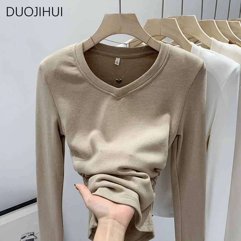 

DUOJIHUI Autumn Chicly V-neck Basic Long Sleeve Female T-shirts New Solid Color Fashion Slim Waist Simple Casual Women T-shirts