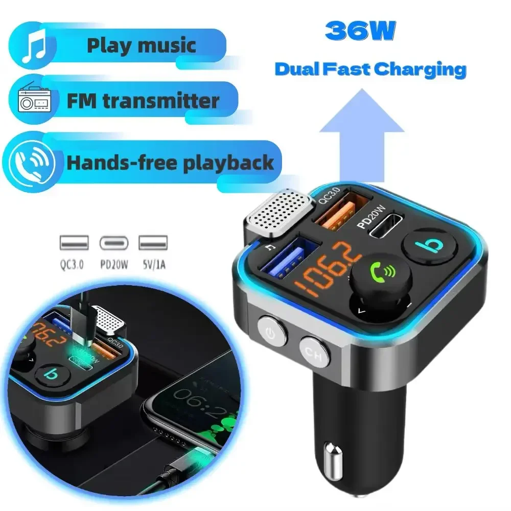 Wireless Hands-Free Calling Car Kit Bluetooth Compatible 5.0 PD 20W QC3.0 USB Car Fast Charger Music Playback Car Radio FM Tuner