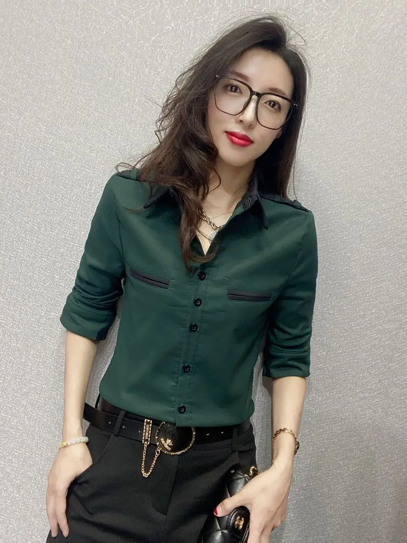 Luxury Fashion Office Lady Women 2024 Spring New Korean Slim Shirt Long Sleeved Lapel Collar Contrasting Colors All-match Tops