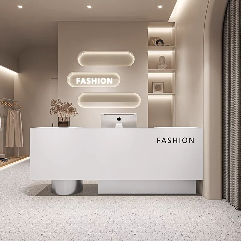 White Corner Reception Desk Hairdressing Wooden Office Reception Desk Restaurant Bancone Per Negozio Industrial Furniture