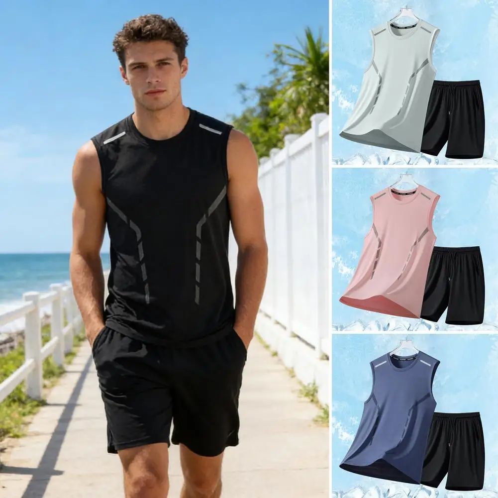 2Pcs/Set Men O-neck Sleeveless Vest Elastic Drawstring Waist Shorts Set Loose Fit Sportswear Fitness Workout Daily Wear