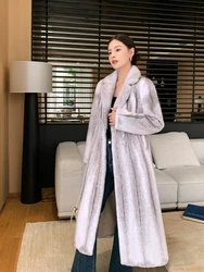 Abrigo de piel de visón para mujer, Chaqueta larga con bolsillo de solapa, holgada, informal, con degradado de cintura, a la moda, combina con todo, cálida, para invierno