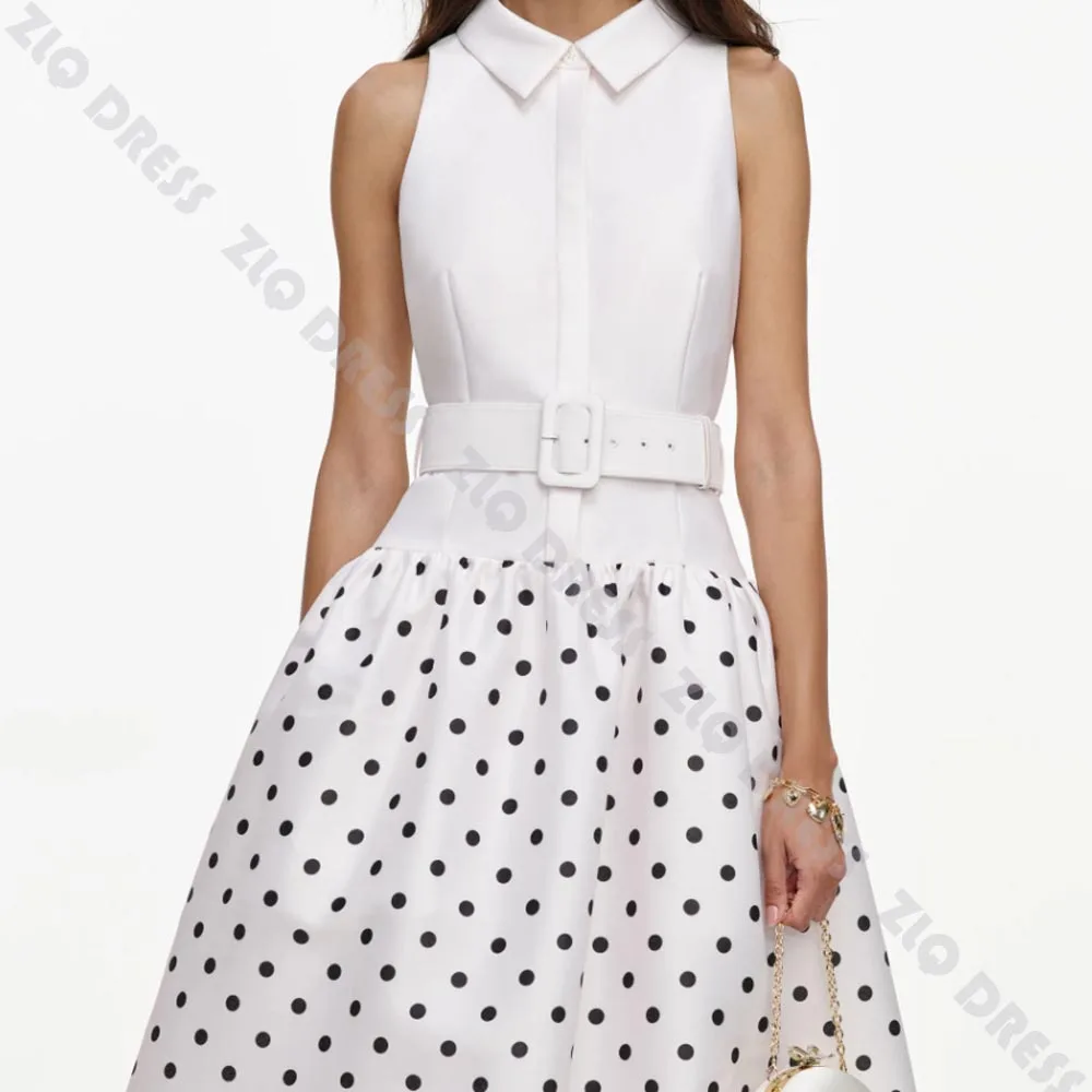Customized Evening Dresses with Lapel Sleeveless A Line Polka Dot Elegant Women Wedding Guest Dresses Tea Length Prom Party Gown