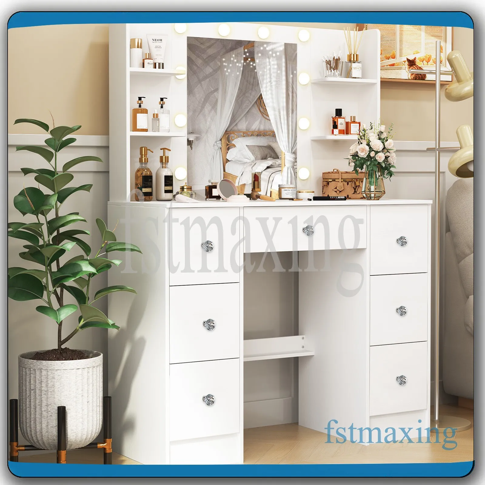 طقم مكتب فانيتي مع مرآة بمصابيح LED و7 أدراج لطاولة تزيين المكياج