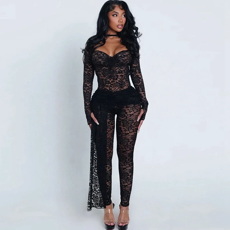 

Stylish Lady Hollow Out Lace 2 Piece Set Women Strapless Backless Bodysuit and High Waist Pant Sets 2025 Autumn Sexy Club Outfit