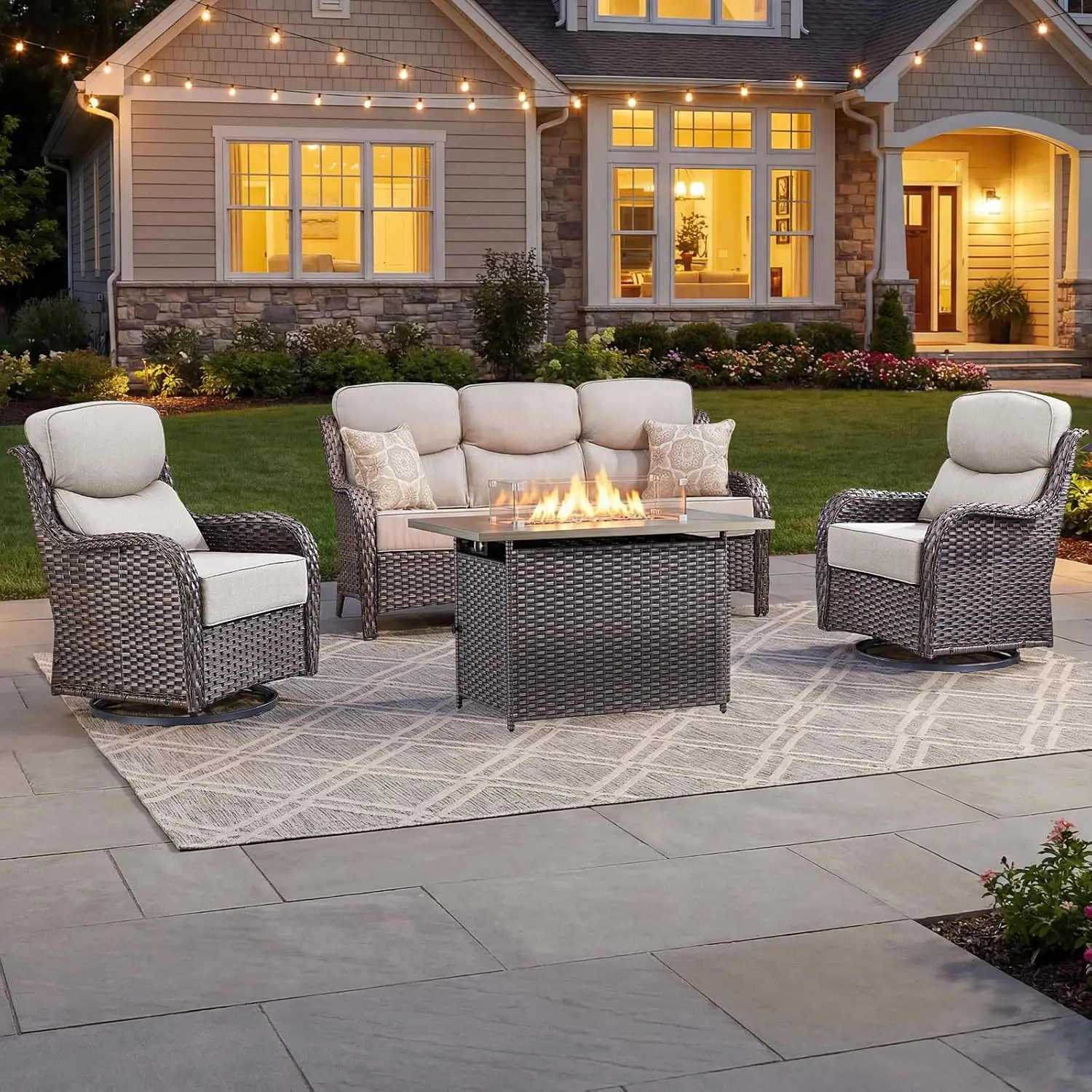 Luxury Patio Furniture Set with 6-inch Thick Cushion, Outdoor Furniture with Fire Pit Table, Swivel Chairs, Sofa,, Customized
