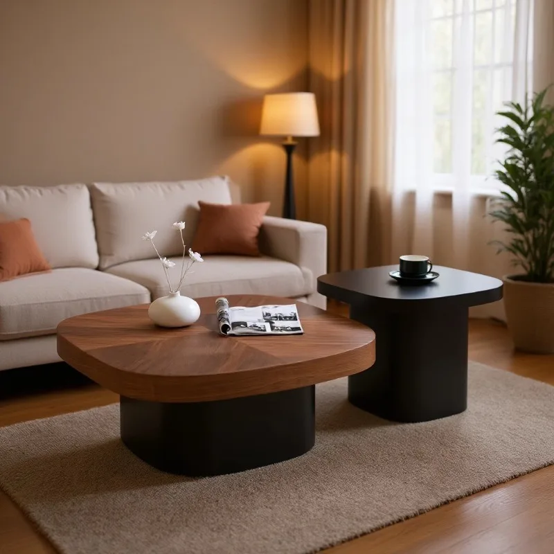 

Designer medieval Nordic special-shaped walnut color solid wood coffee table wind home living room black small apartment tea