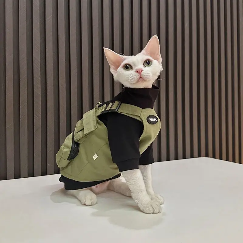 2PCS Cat Clothes Set Black T-shirt Green Cargo Vest with Pocket Sphynx Cat Small Dogs Outdoor Outfit Kitten Cats Walking Clothes
