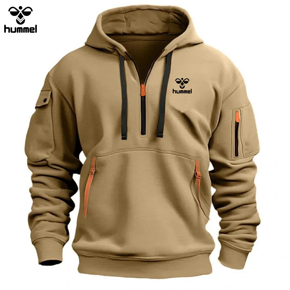 2024 New Brand HUMMEL Pocket Zipper Wool Hoodie Casual Shirt, Men and Women Plus Size Loose Pullover Fashion Sweatshirt Top