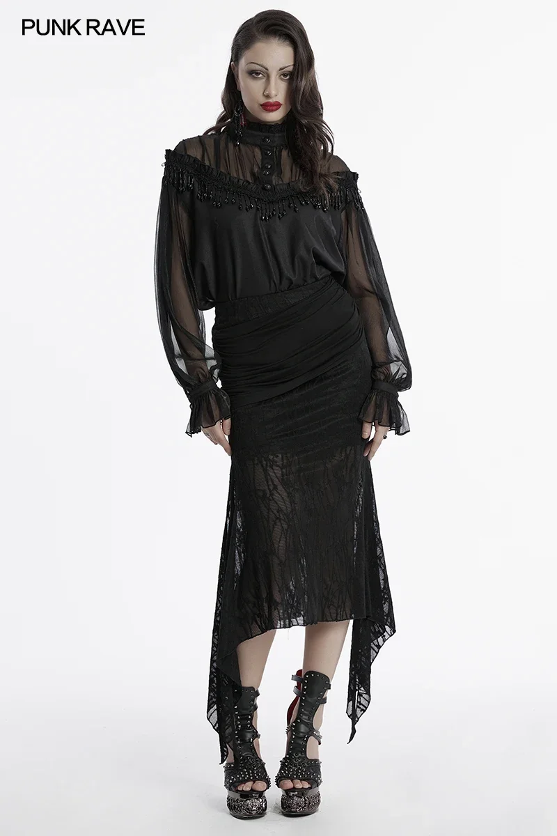PUNK RAVE Women's Gothic Perspective Chiffon Pullover Sexy Off-shoulder Shirt Tassel Crystal Luxury Sense Dark Loose Tops