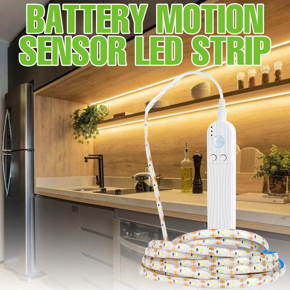 

LED Flexible Tape Lamp PIR Motion Sensor Strip Light Cabinet Lights Stair Bedside Kitchen Decor TV Backlight AAA Battery Powered