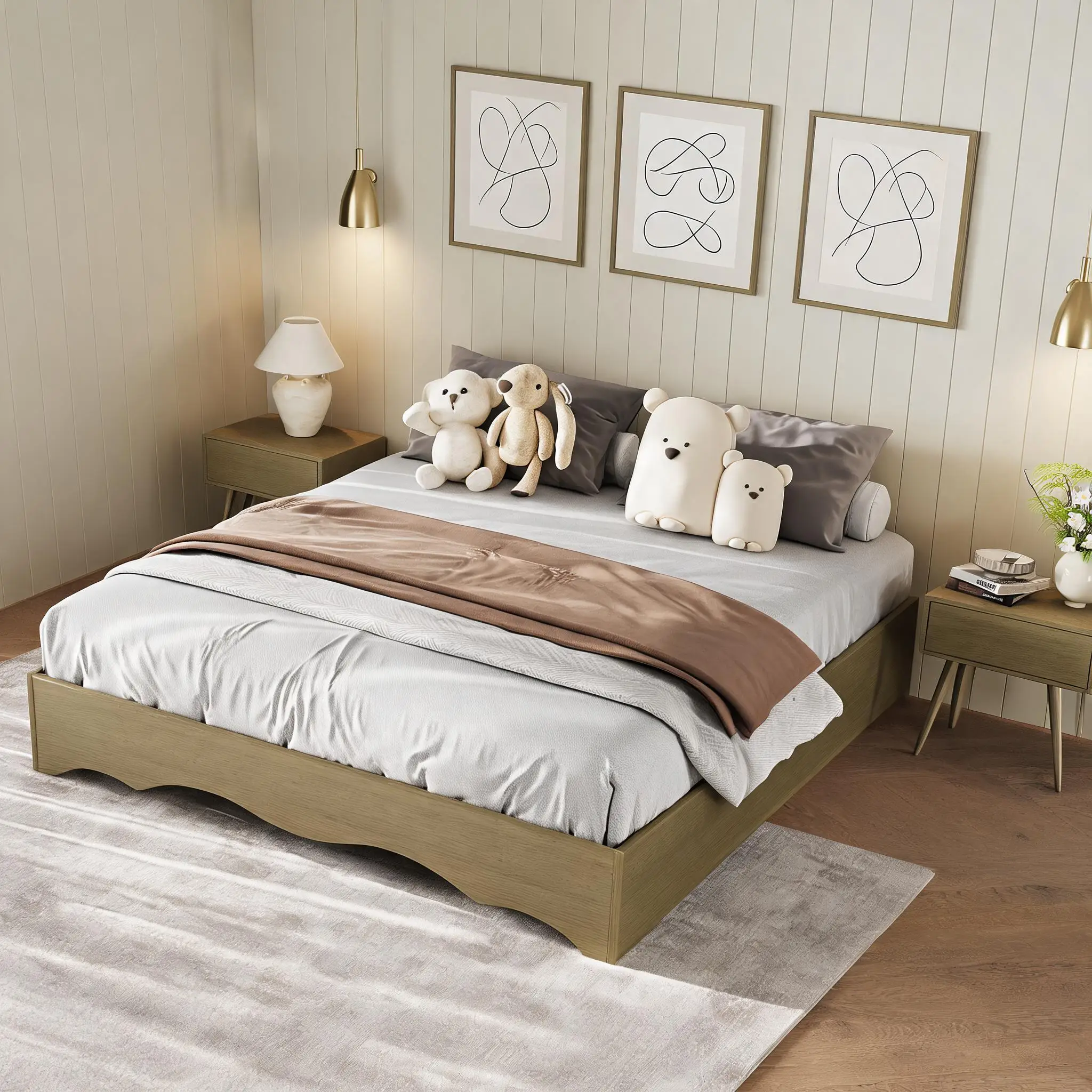 Minimalist Wooden Platform Bed Frame Full Size - No Headboard, Wavy Wood Base, Low Profile Floor Design, Sturdy Noise-Free Support, No Box Spring Needed - Japanese-Inspired Bedroom Furniture, Natural Wood Finish