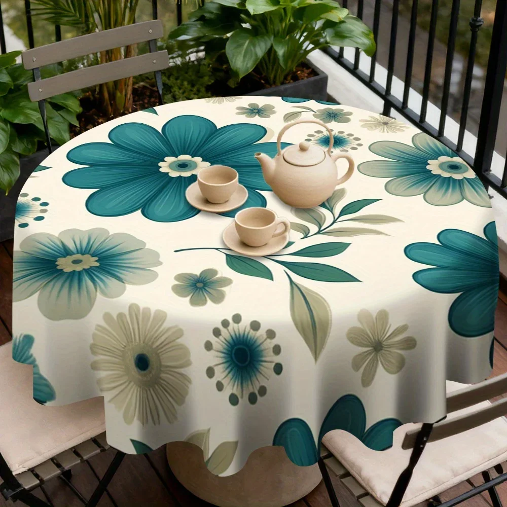 One piece of greenish-blue floral round tablecloth - lightweight round table cover, mechanismxzj
