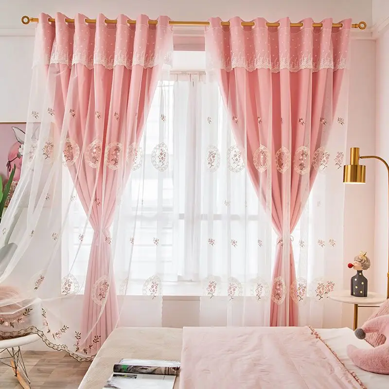 

Cottage Style Pink Floral Embroidery Curtain with Lace Top, Double Layer Window Treatment for Living Room or Bedroom