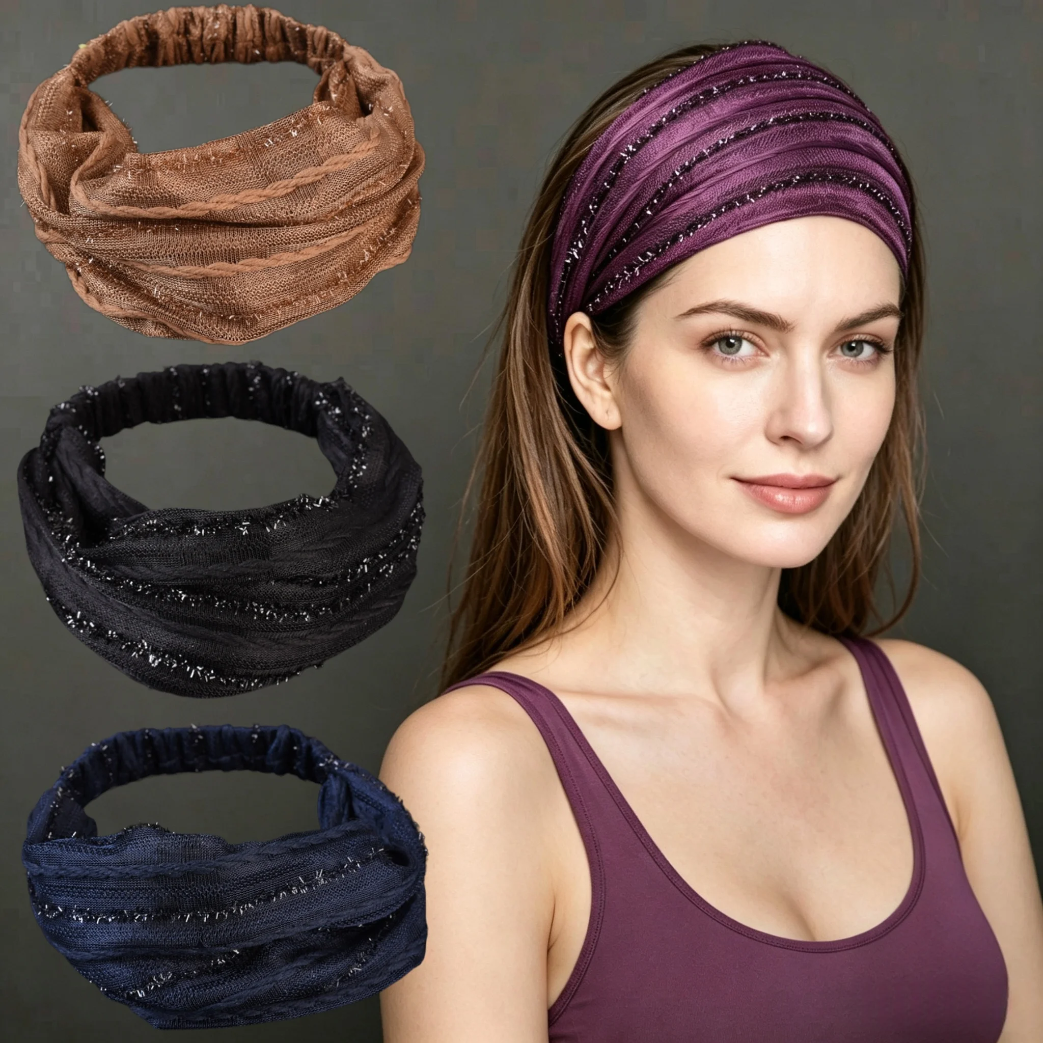 Wide Elastic Headband for Women Sparkly Glitter Stretchy Turban Head Wrap Soft Mesh Crinkle Hair Band Hair Accessories for Daily