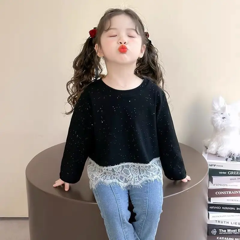 

Кружевная майка, детская одежда для девочек, весенне-осенняя уличная детская рубашка для маленьких детей 8–10 лет, рубашка для девочек, 2025 г., детская одежда, 7 подростков