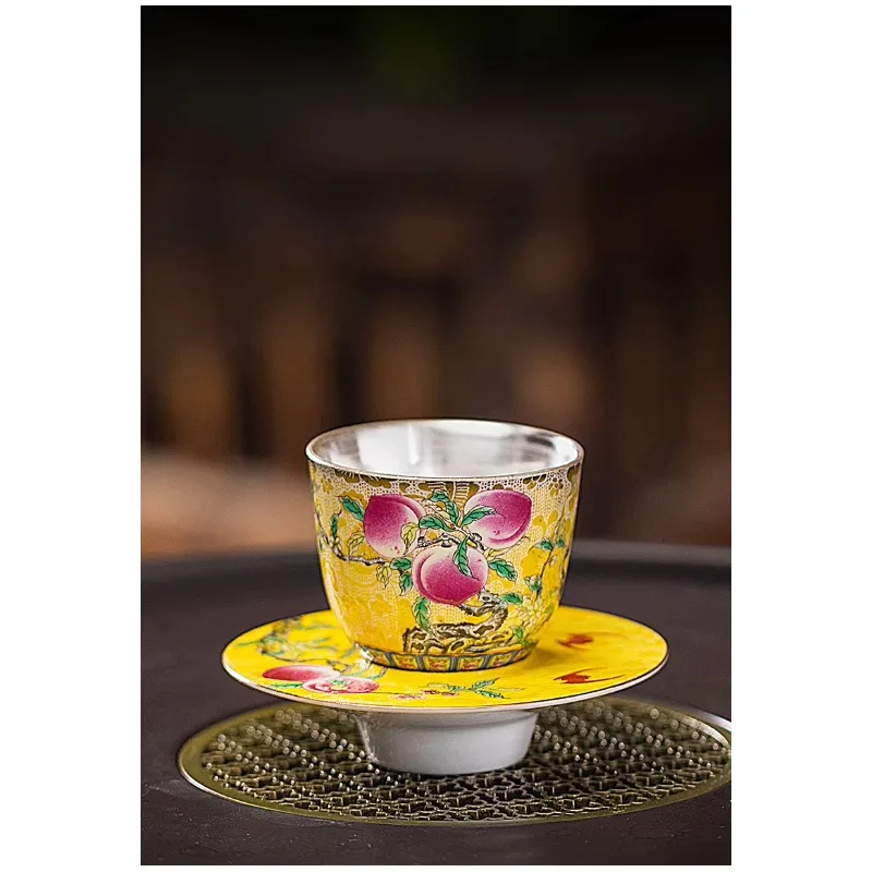 

Enamel sterling silver teacup, ceramic kung fu master cup, Chinese high-end light luxury, creative gift tea set