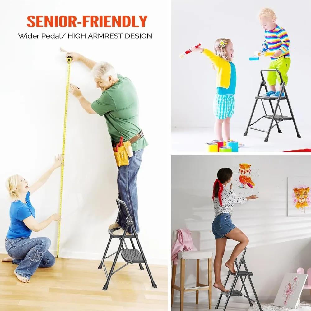 مقعد قابل للطي بخطوتين مع مشابك واسعة مضادة للانزلاق، سعة 500 رطل، خفيف الوزن ومحمول