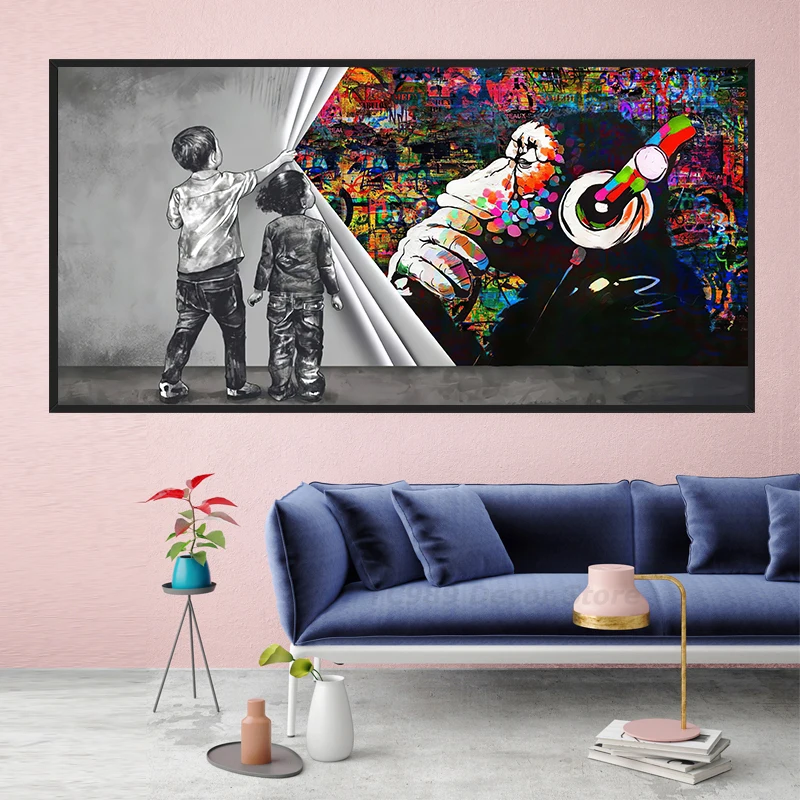 Boys Girls Uncover Curtain DJ Orangutan Graffiti Canvas Painting Abstract Monkey Posters Prints Wall Art Pictures For Home Room