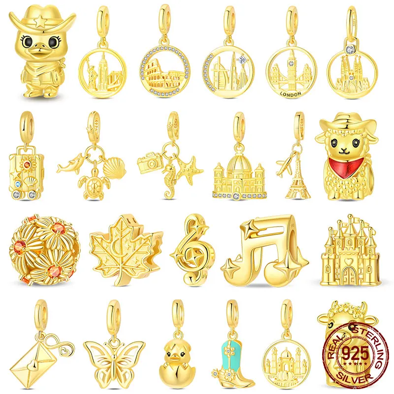 charms plata 925 City Landmark Yellow Duck Maple Leaf Musical Notes Western Cowboy Beaded Bracelet DIY Jewelry Make Women Gifts
