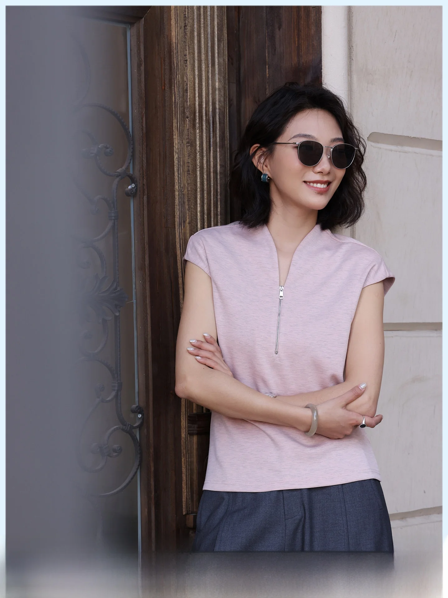 

Pink Half Zip V Neck Short Sleeve T Shirt Women's Summer New Design Slim Fit Top Breathable Comfortable Skin Friendly