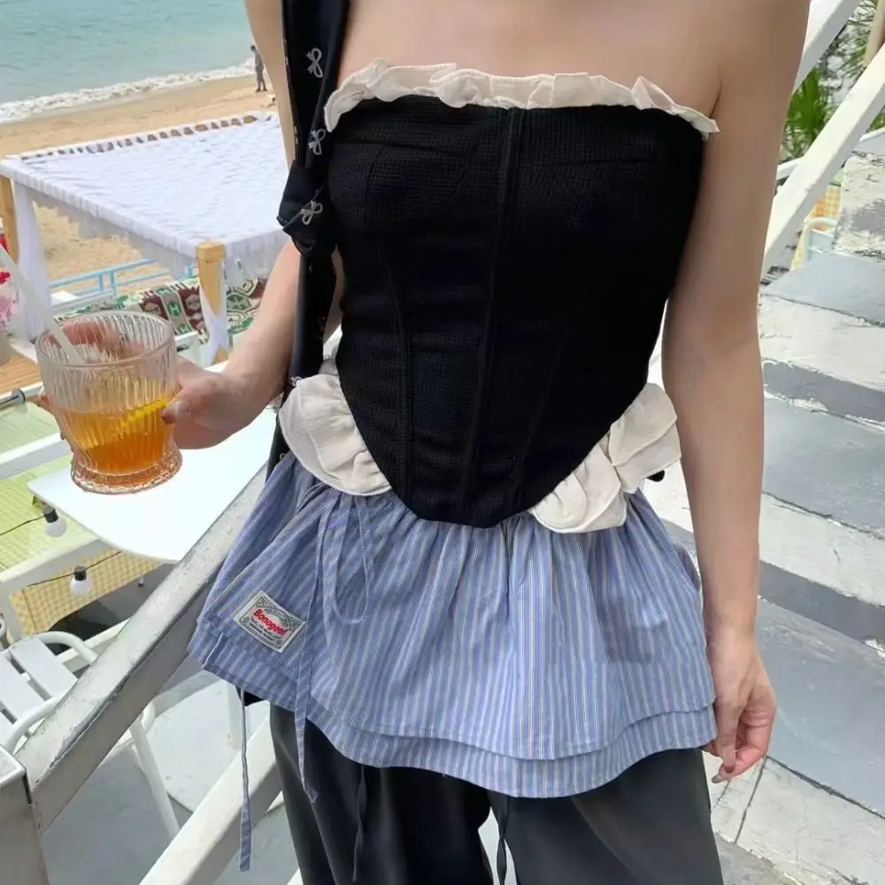 Minigonna morbida a reticolo dolce stile coreano vita alta gonna a metà corpo vita Blet decorativa Y2K gonna con bordo arricciato streetwear