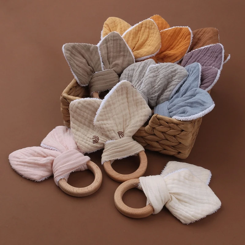 Soft Cotton Rabbit Ears Teething Chewing Appease Toy Baby Natural Wooden Teether Ring BPA Free Wood Pain Relief Teether