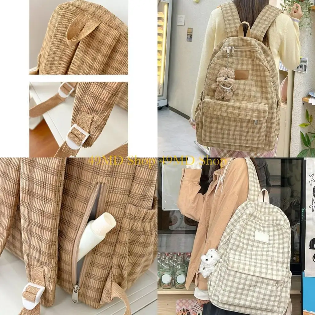 

49MD Teens Harajuku Backpack School Bag Corduroy Lattice Backpack Travel Backpack