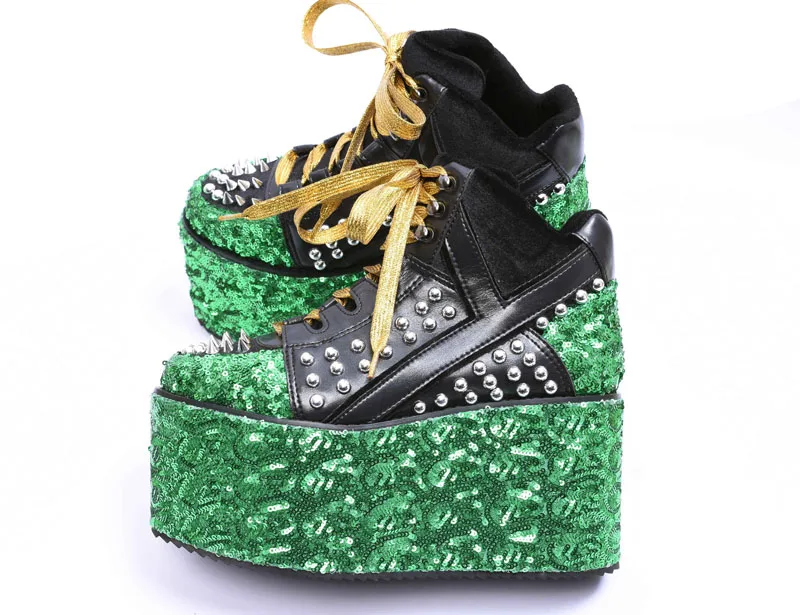 Punk Style Bling Green Sequins Super Platform Sole Causal Shoes Metal Rivets Round Toe Femme Increasing Heels Short Bottines