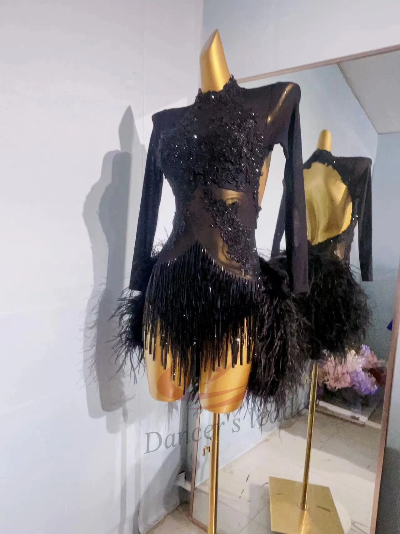 라틴 댄스 국제 무대 경연 대회 드레스 레이스 꽃 다이아몬드 플러시 테일 하이 엔드 맞춤형 삼바 드레스