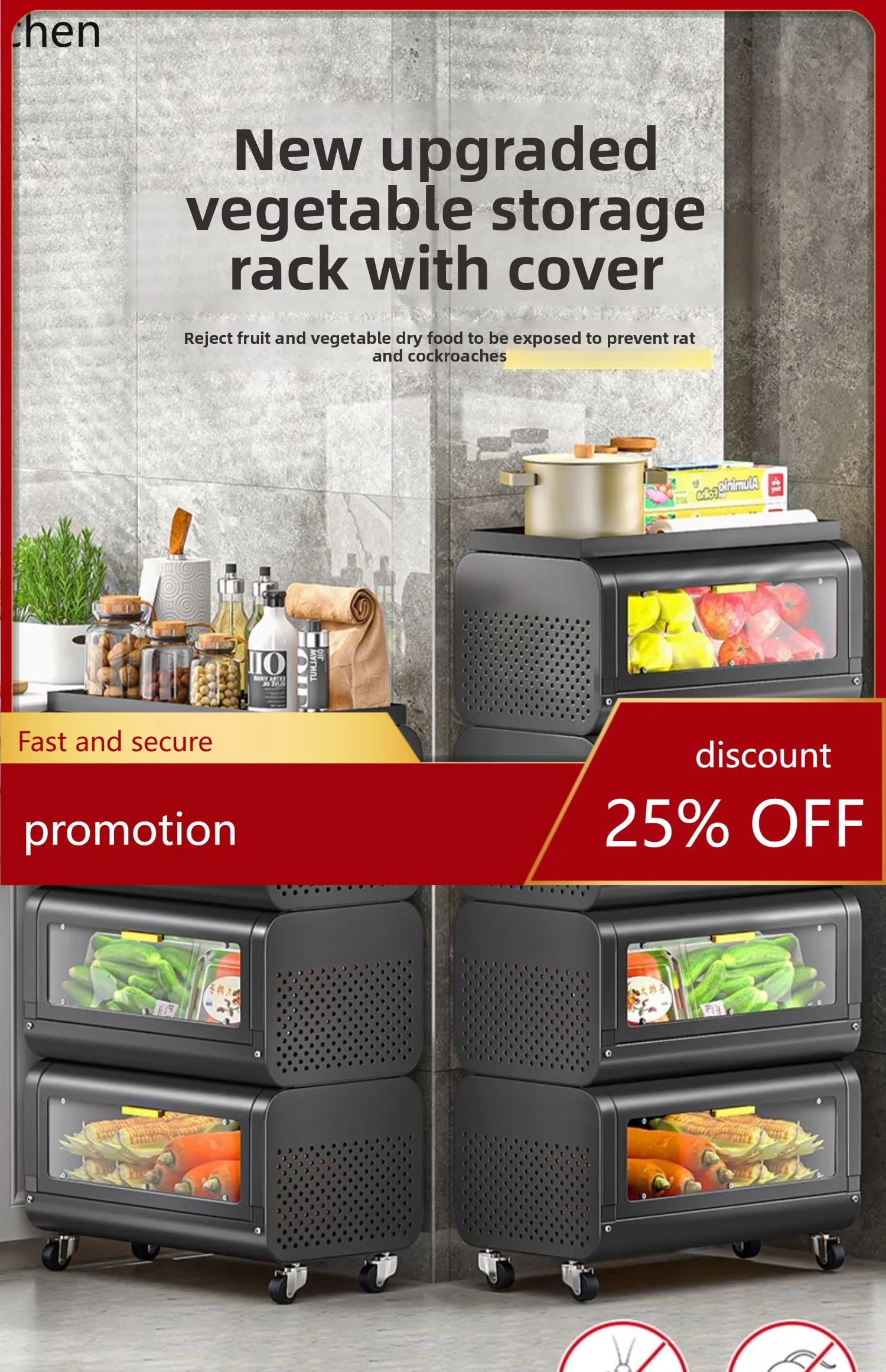 

ZMLAnti-Rat Kitchen Basket with Door, Multi-Layer Floor-Standing Fruit and Vegetable Storage Basket, Small Cart Storage Cabinet