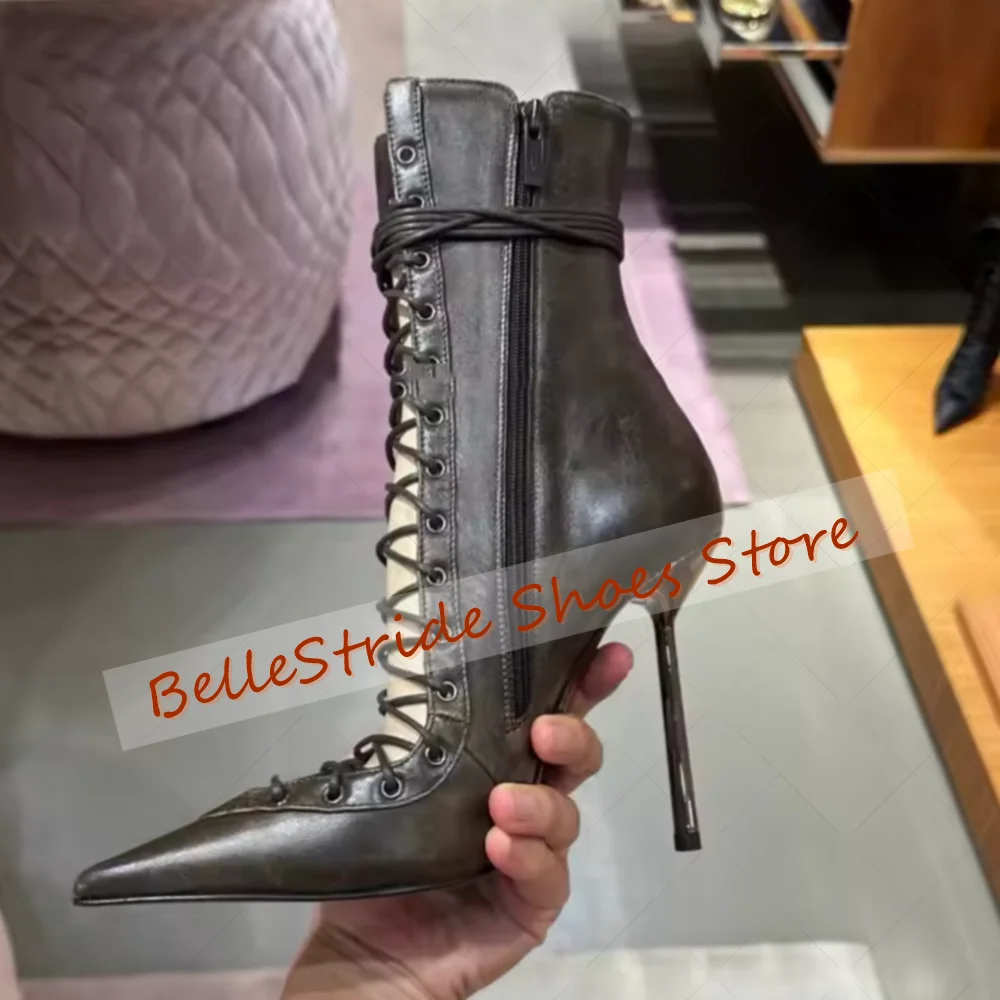 블랙 사이드 지퍼 포인티드 토 부츠 레이스업 여성 슈즈 스틸레토 하이힐 파티 연회 데이트 2025 여성용 신발