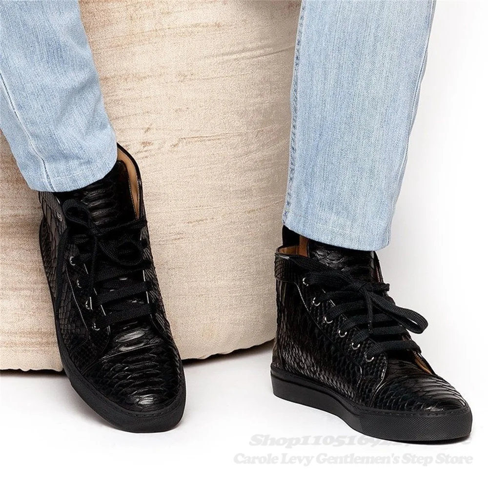 Black Leather Business Shoes for Men Round Toe Breathable Casual Flat Bottomed Designer Brand Elegant Lace Up High Top Boot view 3