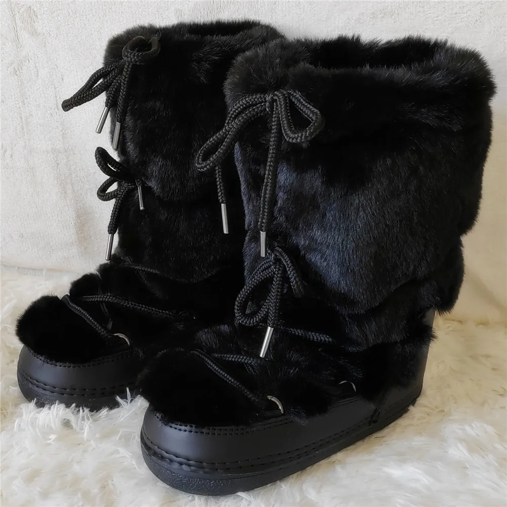 y2k Faux Fur Boots Women Winter Snow Boots Luxury Fluffy Fuzzy Boots Warm Cozy Waterproof Platform Lace-up Mid-Calf Ski Boots