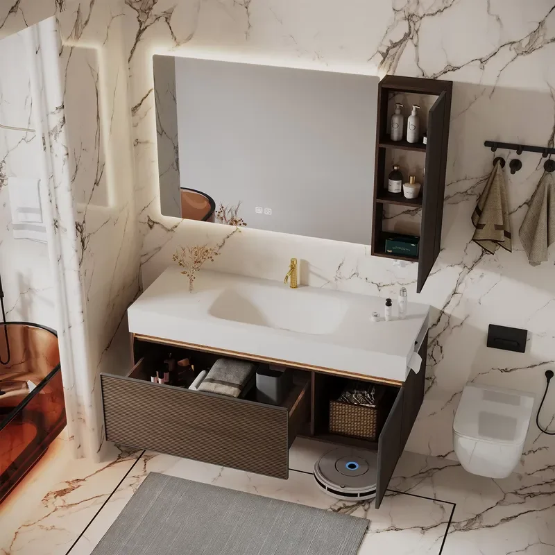 Floating Vanity, Waterproof Solid Wood Bathroom Cabinet With Split Edge-lit LED Mirror & Independent Side Storage Cabinet