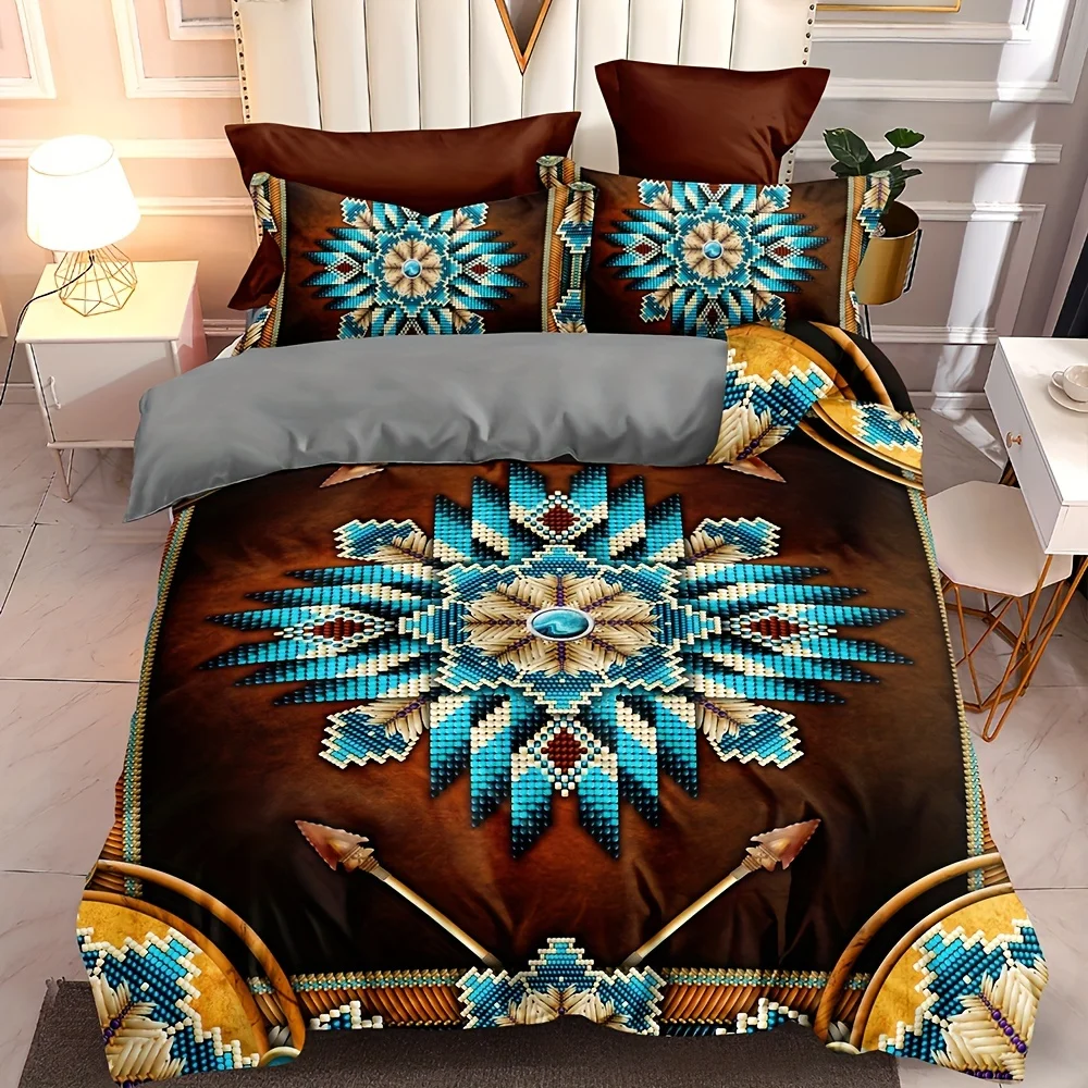 

3pcs Western Brown Duvet Cover Set All-Season Breathable Bedding Zip Closure Machine Washable Christmas Gifts