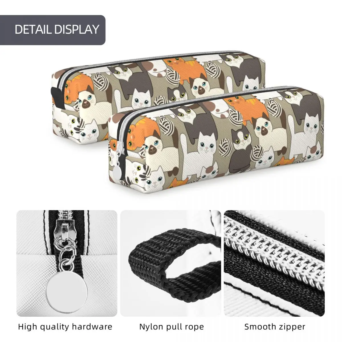 Engraçado Cartoon Cats Pencil Case para Estudantes, Bege Siamese Cat Pencil Pouch, Sacos de grande capacidade, Material escolar, Papelaria Presentes