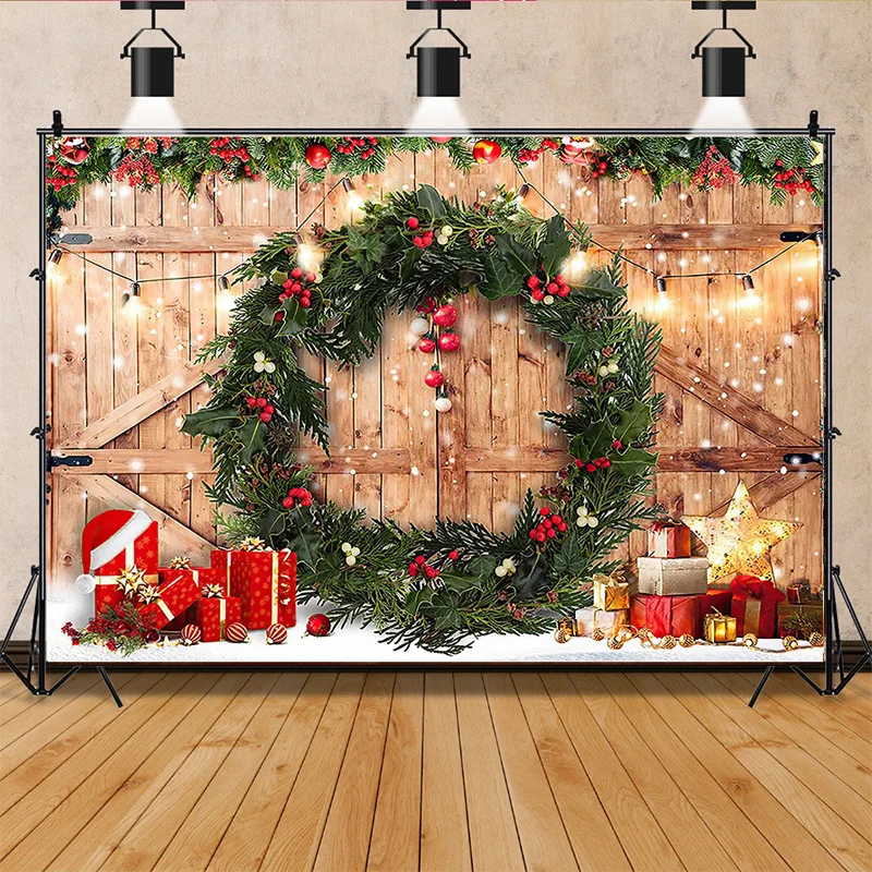 

ZHISUXI Christmas Tree Window Wreath Photography Backdrop Wooden Doors Snowman Cinema Pine New Year Background Prop TNB-01